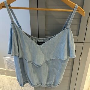 Bebe chambray cold shoulder ruffle top  medium